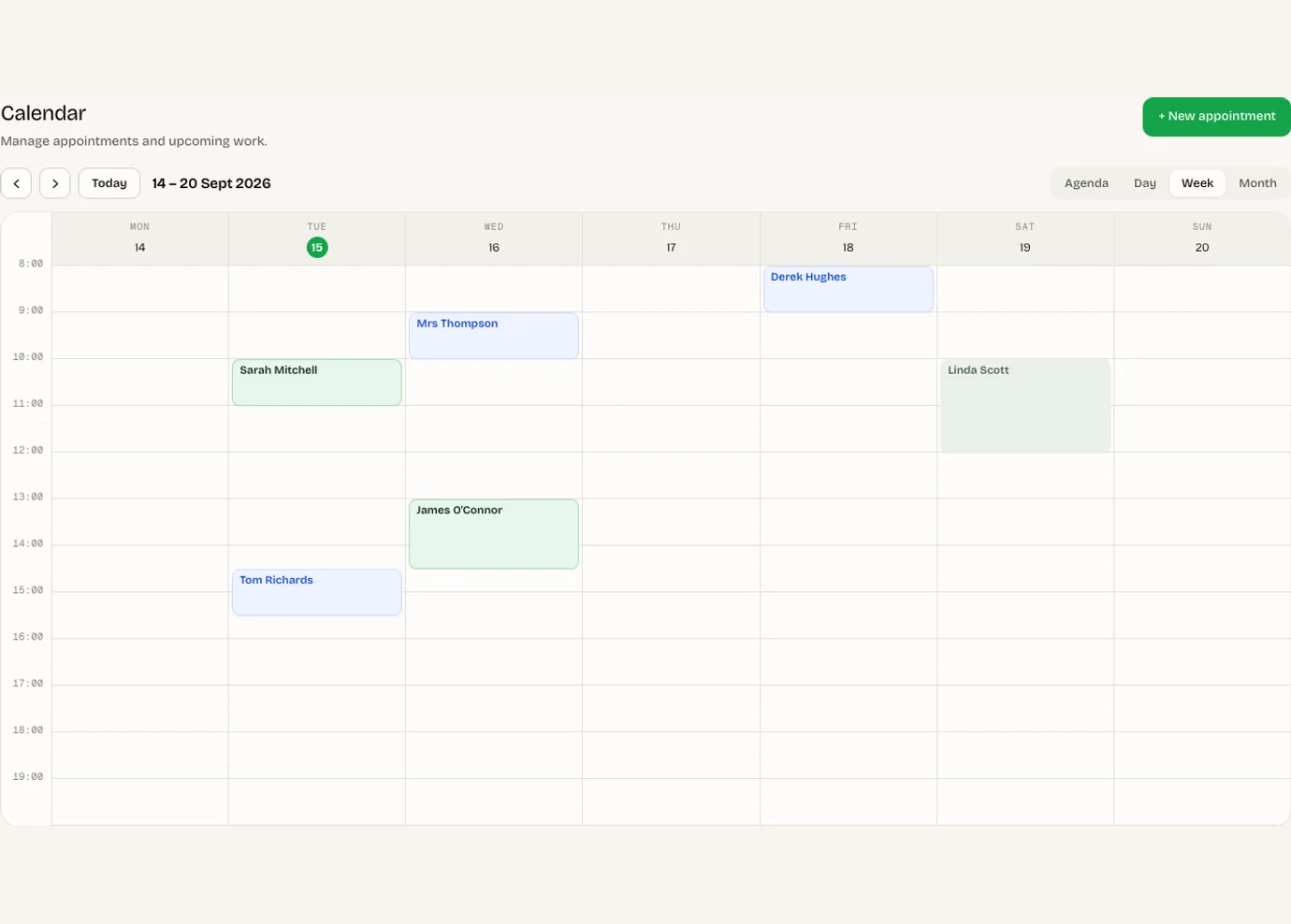 Real Cosmic calendar with scheduled appointments; demo data