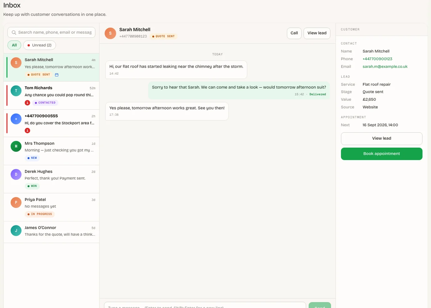 Real Cosmic inbox preview with an open customer conversation; demo data