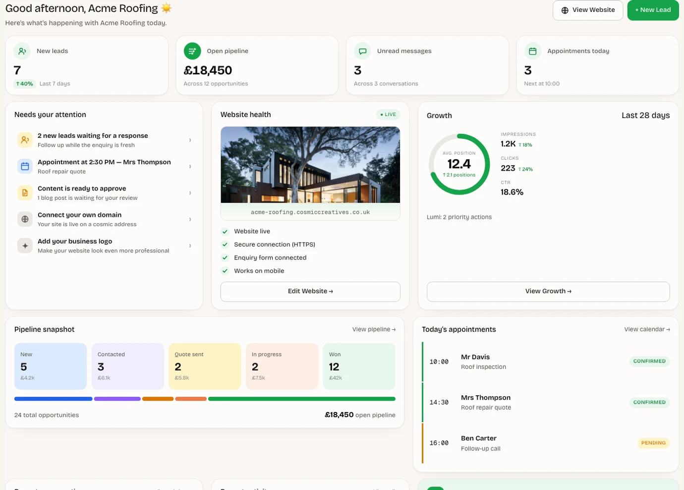 Real Cosmic Overview showing leads, messages, appointments, website health and priority actions; illustrative demo figures